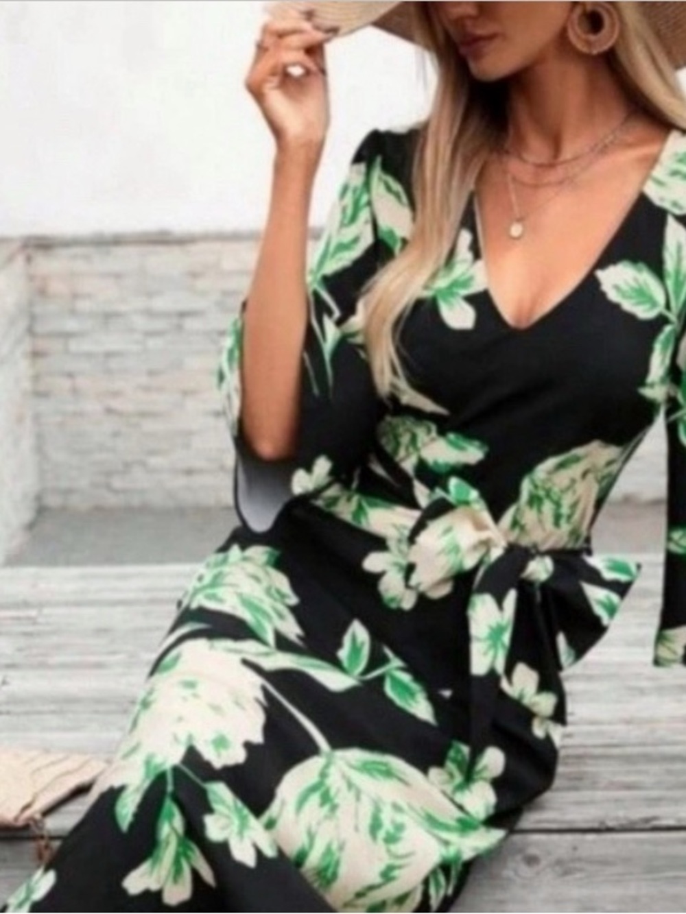 NWT Zara Midi Dress Women XL Floral Black Green Satin Effect Tie Waist